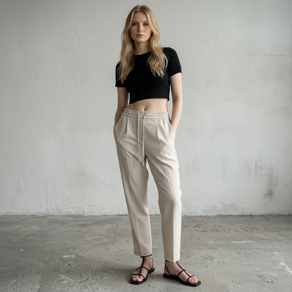 Zara High Waisted Beige Drawstring Pajama Style Ankle Pants XS